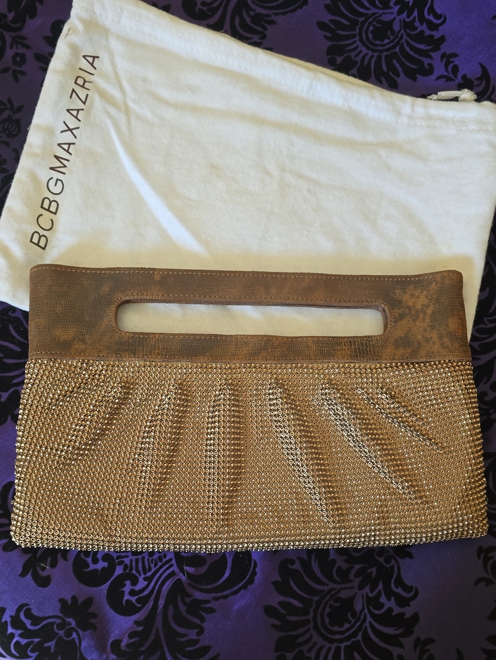 BCBGMaxAzria Gold Mesh and Tan Leather Cutout Wristlet Clutch